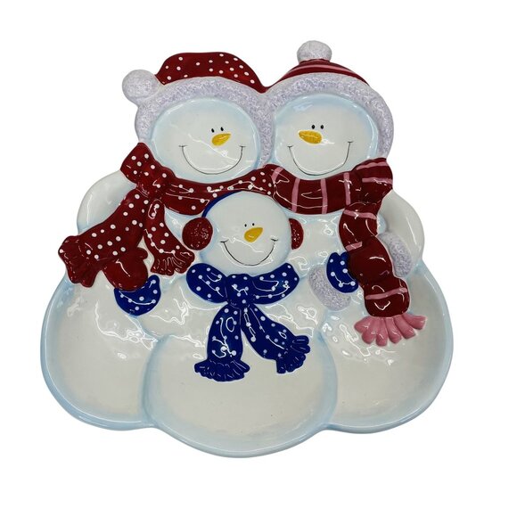 Ceramic Snowman Family Holiday Serving Platter Decorative Dish Christmas Centerp - Picture 1 of 6